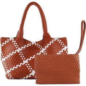 Large Vegan Woven Tote Bag for Women with Small Purse - Brown & White